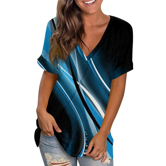 kytmyeq Women's Fashion Casual V-Neck T-Shirt Colour Block Splicing Printed Short Sleeve Loose Top