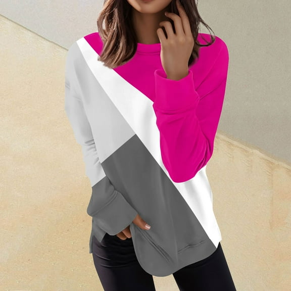 kytmyeq Women's Fashion Long Sleeve Pullover Casual T-Shirt Geometric Splicing Printed Loose Top