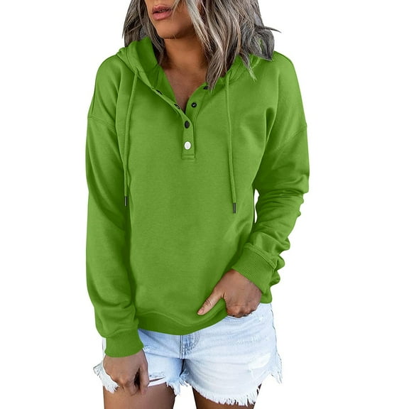 kytmyeq Women's Fashion Long Sleeve Solid Color Hooded Button Sweatshirt Top