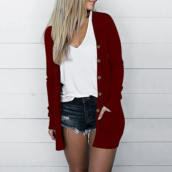 Topvent Women's Fashion Loose Casual Pocket Solid Color Long Sleeve Button Cardigan Jacket Tops