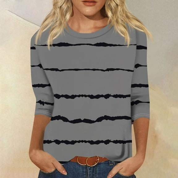 Topvent Women's Fashion Loose Casual Seven Split Sleeve Printed Round Neck Top