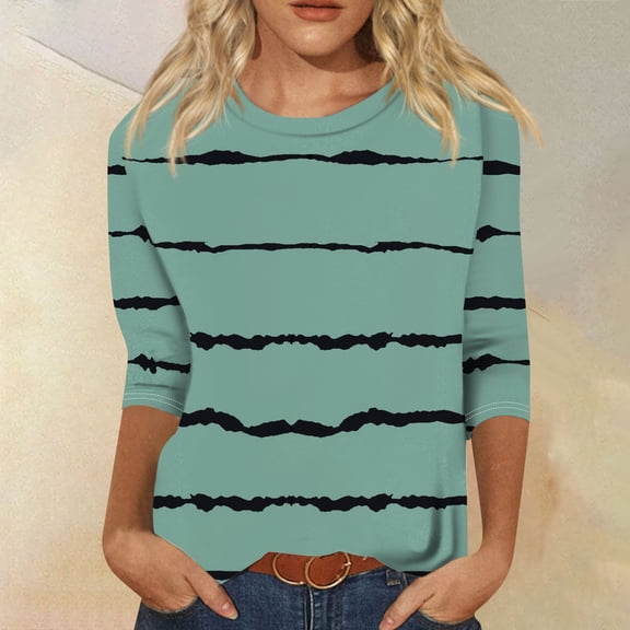 Topvent Women's Fashion Loose Casual Seven Split Sleeve Printed Round Neck Top