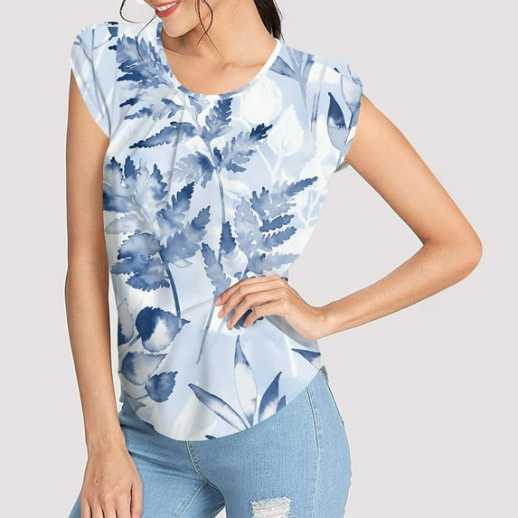 kytmyeq Women's Fashion Printed Short-sleeved Button Round Neck Casual Tops
