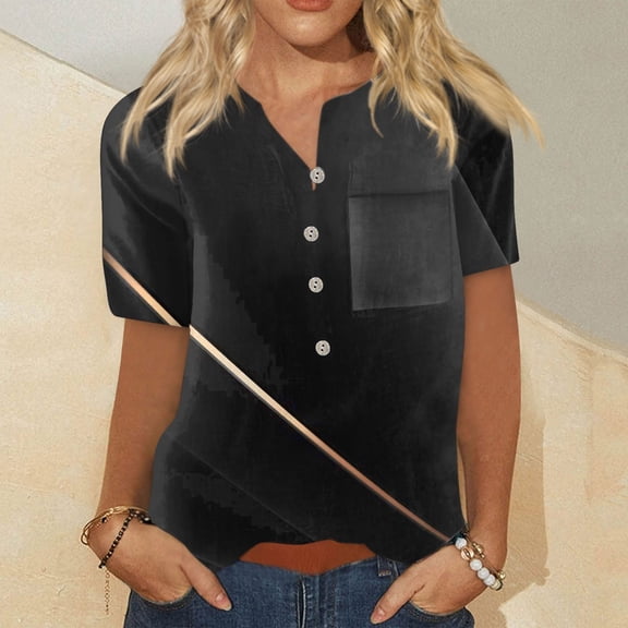 kytmyeq Women's Fashion Short Sleeve Print Button Collar Chest Pocket T-Shirt Bottoming Top