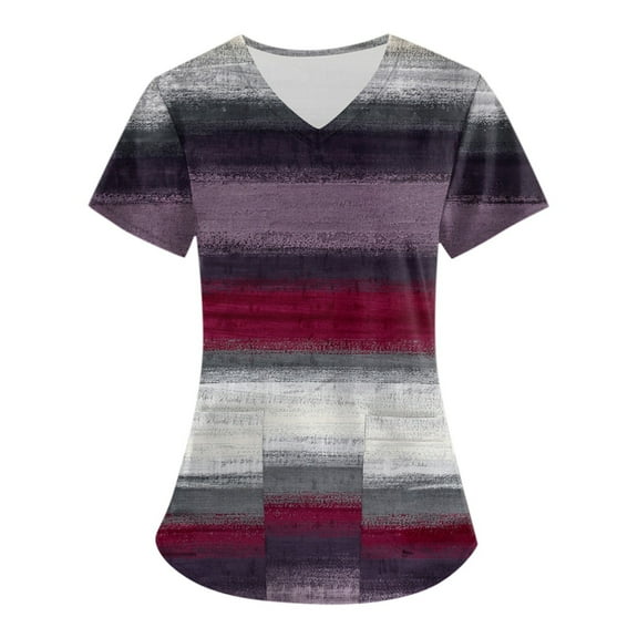 kytmyeq Women's Fashion Short Sleeve With Pocket Workwear Colour Block Patchwork Printed Workwear Tops