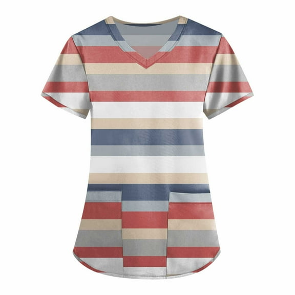 kytmyeq Women's Fashion V-neck Short Sleeve Workwear With Pockets Printed Tops