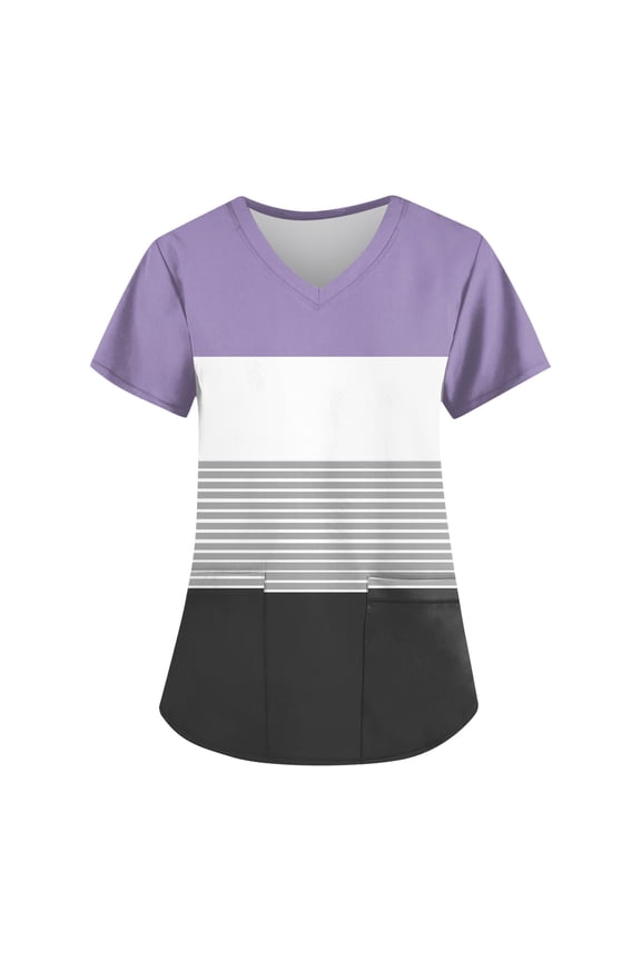 kytmyeq Women's Fashion V-neck Short Sleeve Workwear With Pockets Printed Tops