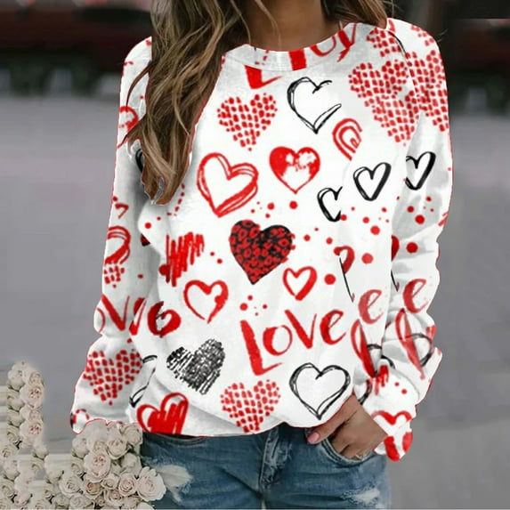 kytmyeq Women's Imitation Cotton Fashion Valentine's Day Print Pattern Long-sleeved T-shirt