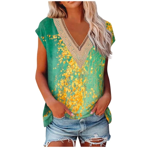 kytmyeq Women's Lace Short Sleeve Shirt V Neck T-Shirt Dressy Casual Top Raglan Short Sleeve Lace Short Sleeve Stitching Comfortable Cotton Top