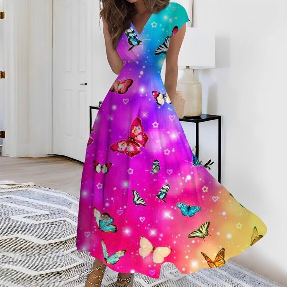 kytmyeq Women's Long Casual Dress Summer Short-Sleeve V-Neck Waist Retraction Printed Dress