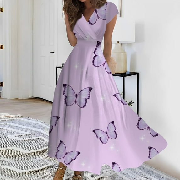 kytmyeq Women's Long Casual Dress Summer Short-Sleeve V-Neck Waist Retraction Printed Dress