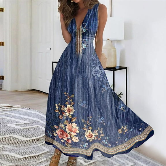 kytmyeq Women's Long Dress Maxi Dress Casual Dress Summer Casual Sleeveless V Neck Boho Waist Flower Printed Dress