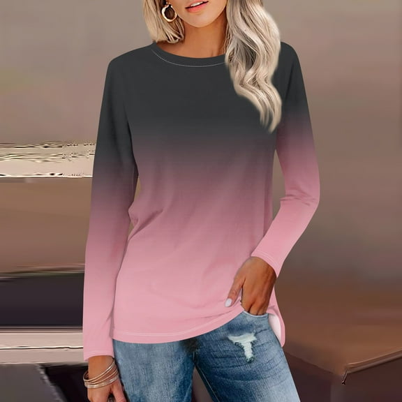 Topvent Women's Long Sleeve Round Neck Gradient Print Shirt Basic T-shirt Casual Autumn Tops
