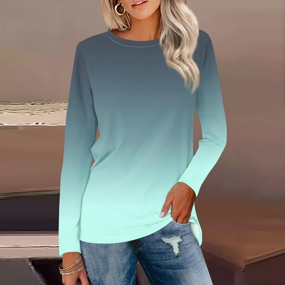 Topvent Women's Long Sleeve Round Neck Gradient Print Shirt Basic T-shirt Casual Autumn Tops