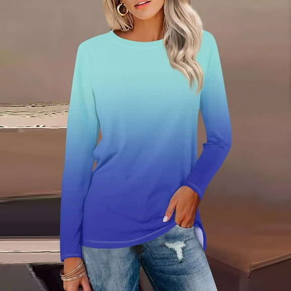 Topvent Women's Long Sleeve Round Neck Gradient Print Shirt Basic T-shirt Casual Autumn Tops