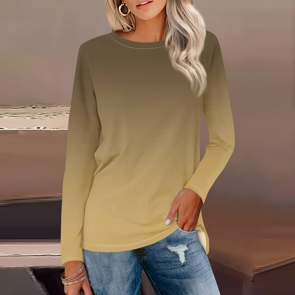 Topvent Women's Long Sleeve Round Neck Gradient Print Shirt Basic T-shirt Casual Autumn Tops