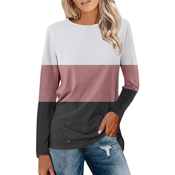 Topvent Women's Loose Casual Leisure Long Sleeve Round Neck Collar Patchwork T-Shirt Top