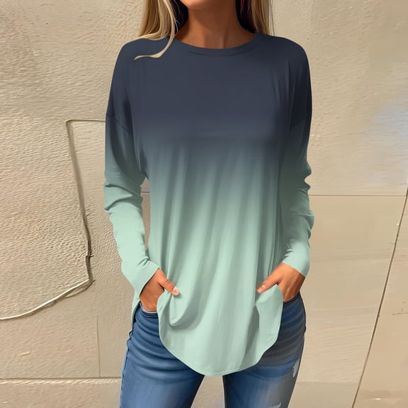 kytmyeq Women's Loose Round Neck Gradient Print Long Sleeve T-Shirt Top Pullover