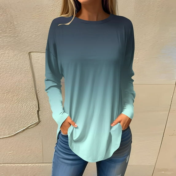 kytmyeq Women's Loose Round Neck Gradient Print Long Sleeve T-Shirt Top Pullover