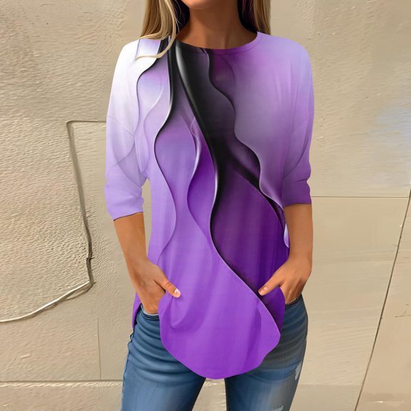 kytmyeq Women's Loose Round Neck Print 3/4 Sleeve T-Shirt Top Pullover