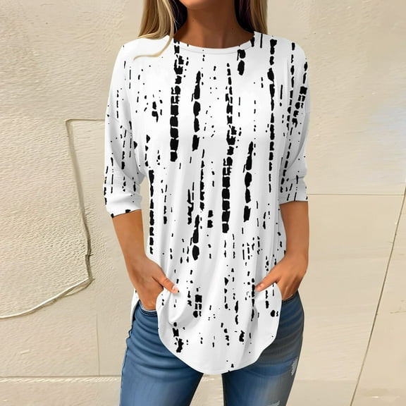 kytmyeq Women's Loose Round Neck Print 3/4 Sleeve T-Shirt Top Pullover