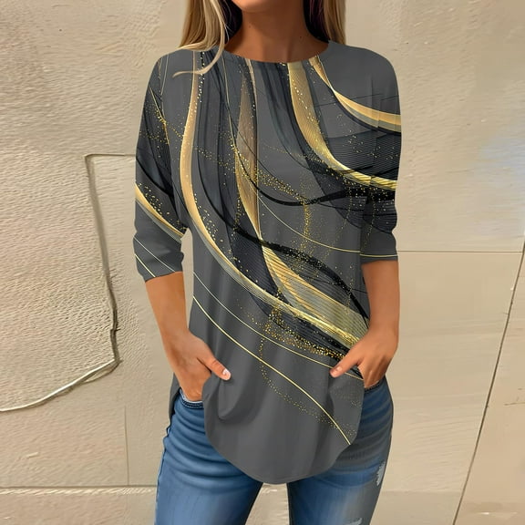 kytmyeq Women's Loose Round Neck Print 3/4 Sleeve T-Shirt Top Pullover