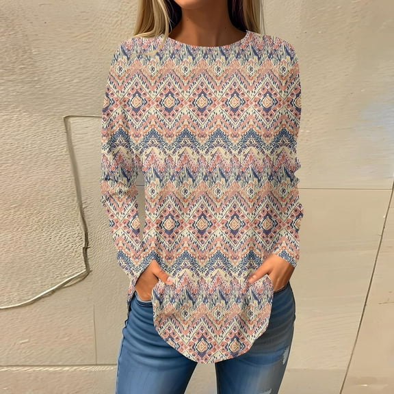 kytmyeq Women's Loose Round Neck Print Long Sleeve T-Shirt Top Pullover