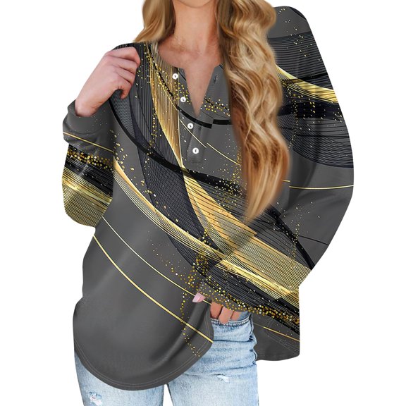 kytmyeq Women's New Button Collar Fashion Printed Long Sleeves T-Shirt Slim Top Casual Tops