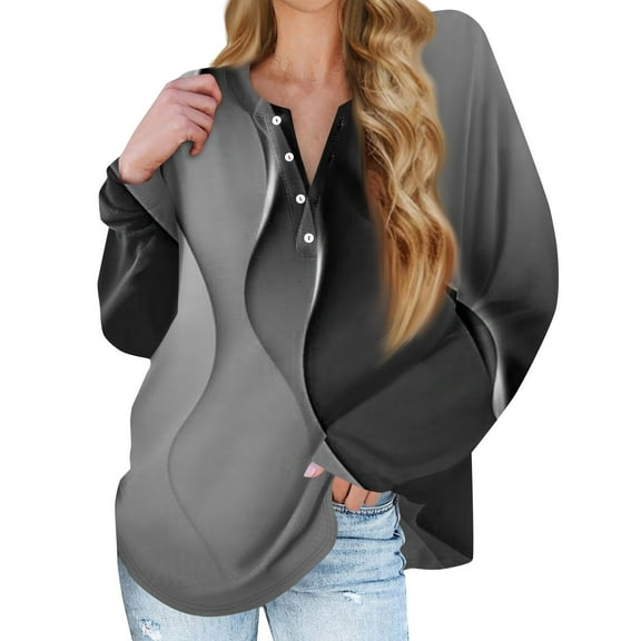 kytmyeq Women's New Button Collar Fashion Printed Long Sleeves T-Shirt Slim Top Casual Tops