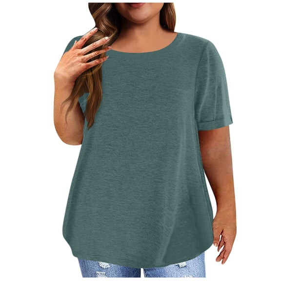 kytmyeq Women's Short Sleeve Shirt Round Neck Plus Size T-Shirt Solid Color Casual Tops