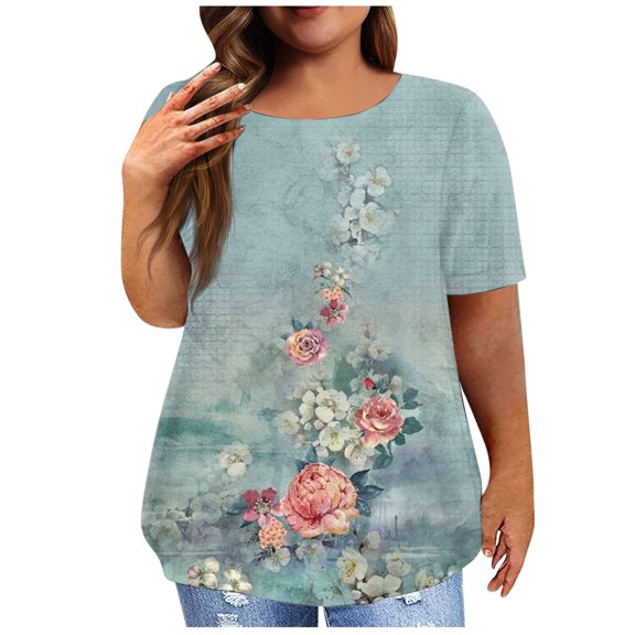 kytmyeq Women's Short Sleeve Shirt Round Neck Plus Size T-Shirt Vintage Printed Casual Tops