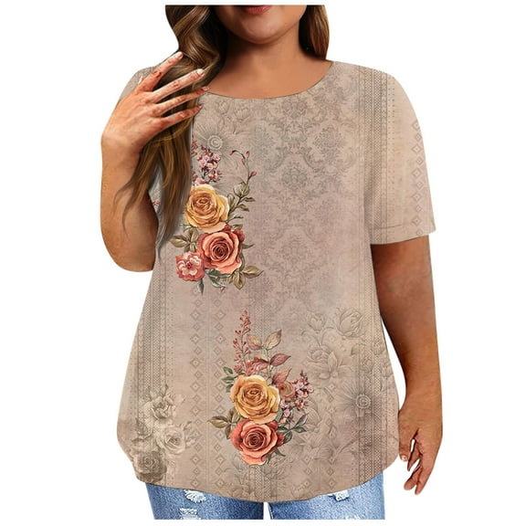 kytmyeq Women's Short Sleeve Shirt Round Neck Plus Size T-Shirt Vintage Printed Casual Tops