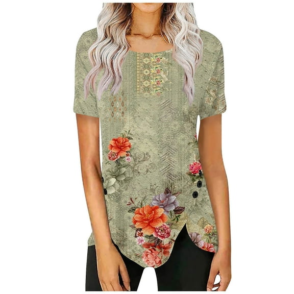 kytmyeq Women's Short Sleeve Tunic Loose Tops Casual Plus Size Tops Pleated Tunic Button Down Casual Summer T-Shirts Women's Tops Dressy Shirts