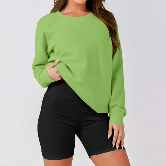 kytmyeq Women's Solid Side Side Double Sweatshirt Long Sleeves Round Neck Casual Comfort Loose Lightweight Women's Sweatshirt