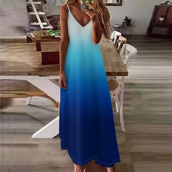 kytmyeq Women's Summer Casual Fashion V-Neck Gradient Printed Big Swing Long Sleeveless Dress Casual Dresses