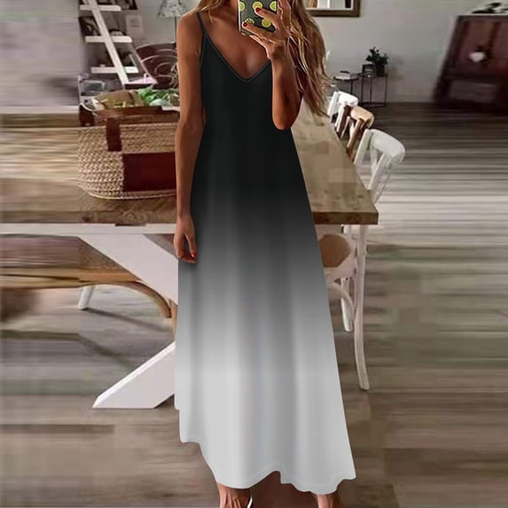 kytmyeq Women's Summer Casual Fashion V-Neck Gradient Printed Big Swing Long Sleeveless Dress Casual Dresses