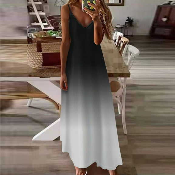 kytmyeq Women's Summer Casual Fashion V-Neck Gradient Printed Big Swing Long Sleeveless Dress Casual Dresses