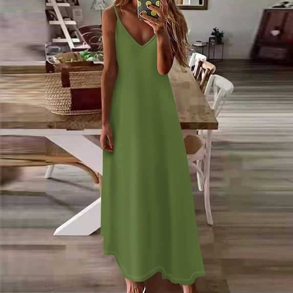 kytmyeq Women's Summer Casual Fashion V Neck Solid Color Swing Long Sleeveless Dress Casual Dresses