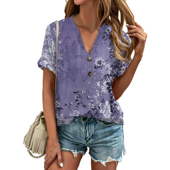 kytmyeq Women's Summer Fashion Short Sleeve Vintage Floral Printed Button T-Shirt Top