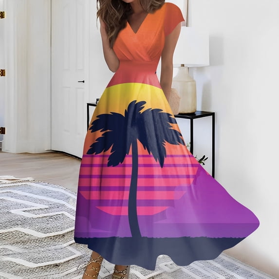 kytmyeq Women's Summer Hawaiian Printed V-Neck Long Dresses Dresses