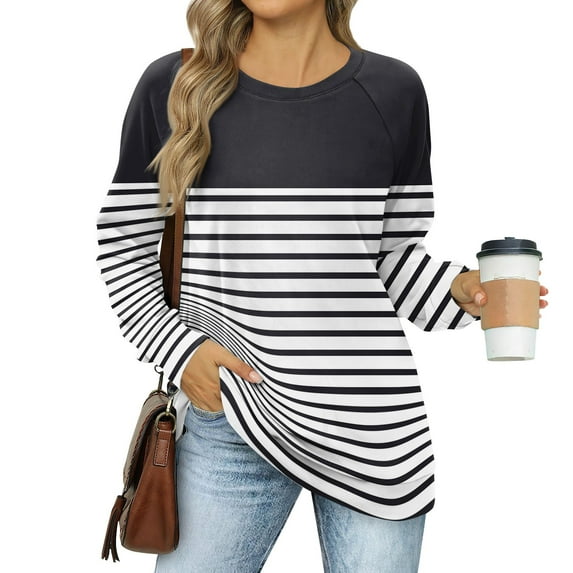 kytmyeq Women's Sweatshirts Prints Trendy Crewneck Long Sleeve Shirts Color Block Pullover Tops Comfy