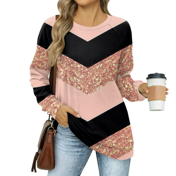 kytmyeq Women's Sweatshirts Prints Trendy Crewneck Long Sleeve Shirts Color Block Pullover Tops Comfy