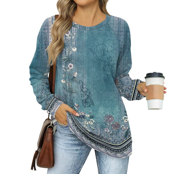 kytmyeq Women's Sweatshirts Prints Trendy Crewneck Long Sleeve Shirts Color Block Pullover Tops Comfy