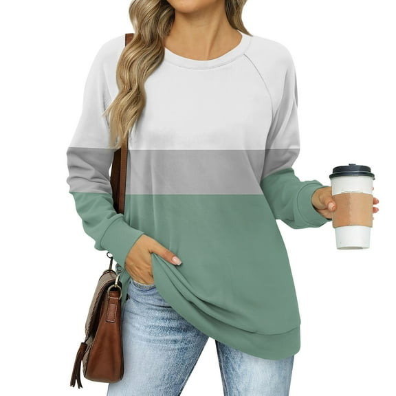 kytmyeq Women's Sweatshirts Prints Trendy Crewneck Long Sleeve Shirts Color Block Pullover Tops Comfy