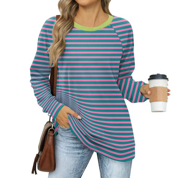 kytmyeq Women's Sweatshirts Prints Trendy Crewneck Long Sleeve Shirts Color Block Pullover Tops Comfy