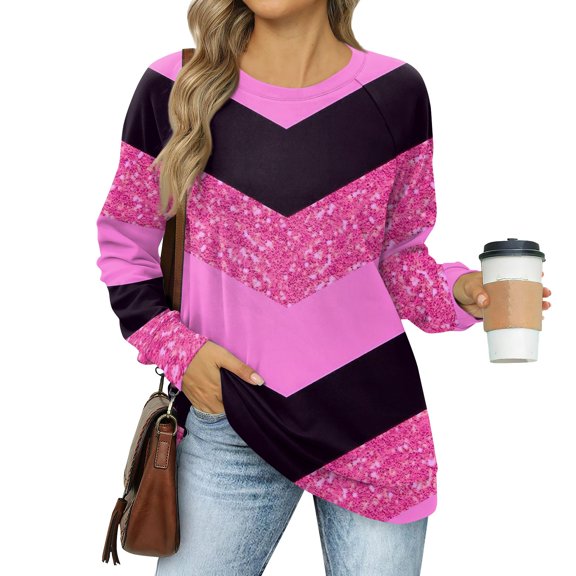 kytmyeq Women's Sweatshirts Prints Trendy Crewneck Long Sleeve Shirts Color Block Pullover Tops Comfy