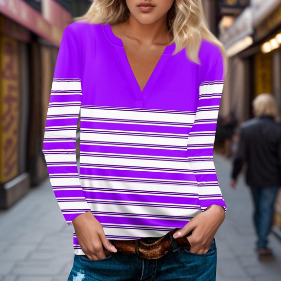 Topvent Women's T Shirt Tee Long Sleeve Daily Weekend Fashion Basic V Neck Stripe Printing Regular Top
