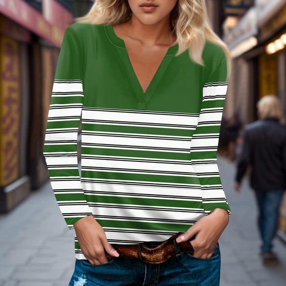 Topvent Women's T Shirt Tee Long Sleeve Daily Weekend Fashion Basic V Neck Stripe Printing Regular Top