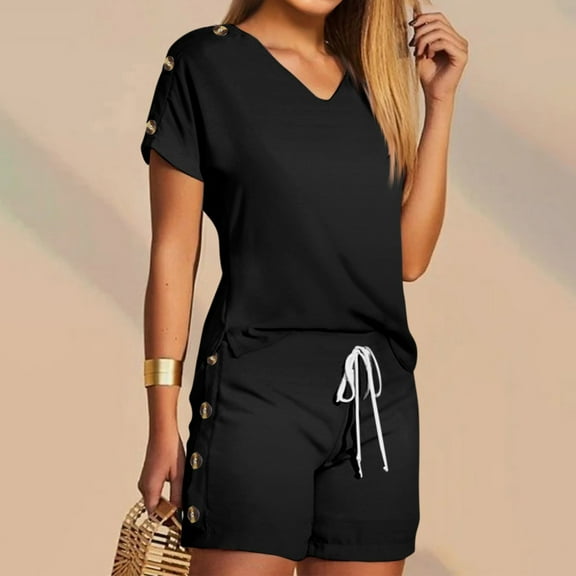 kytmyeq Women's T Shirt Tee Shorts Sets Graphic Casual V Neck Regular Fit Solid Color Sets