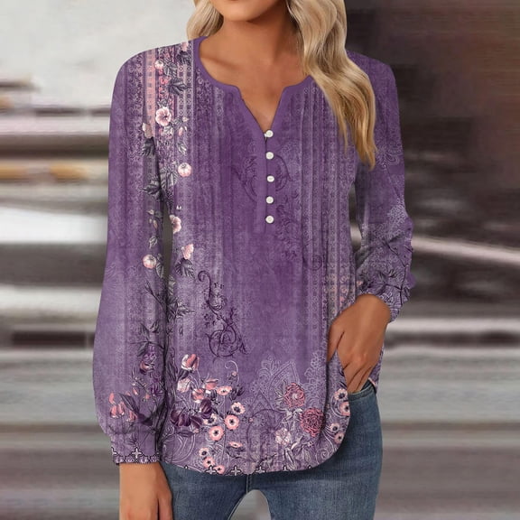 kytmyeq Women's Top Printing Round Neck Neckline Long Sleeved Pleated Button Up T-shirt